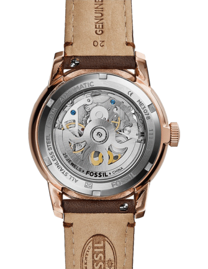 Fossil Townsman Automatic Skeleton White Dial Brown Leather Strap Watch for Men - ME3078