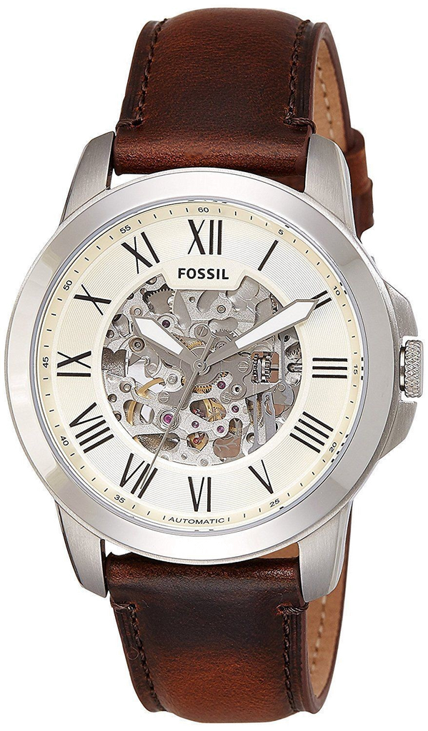 Fossil Grant Automatic Beige Skeleton Dial Brown Leather Strap Watch for Men - ME3099