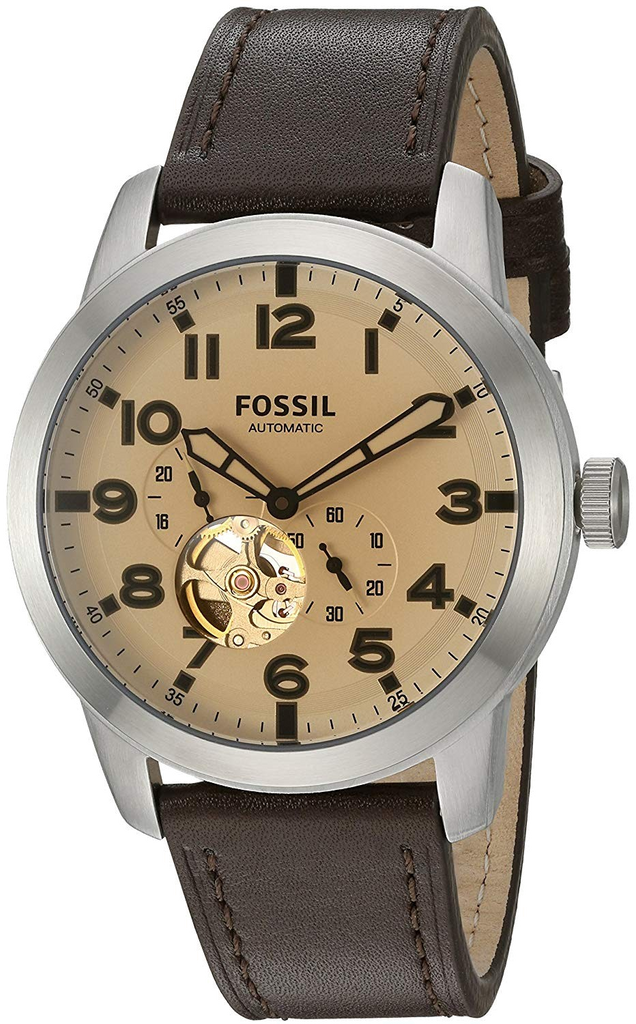 Fossil Pilot 54 Automatic Cream Dial Brown Leather Strap Watch for Men - ME3119