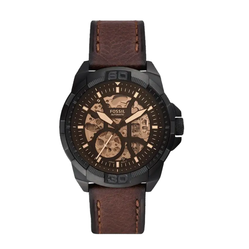 Fossil Bronson Automatic Skeleton Black Dial Brown Leather Strap Watch for Men - ME3219