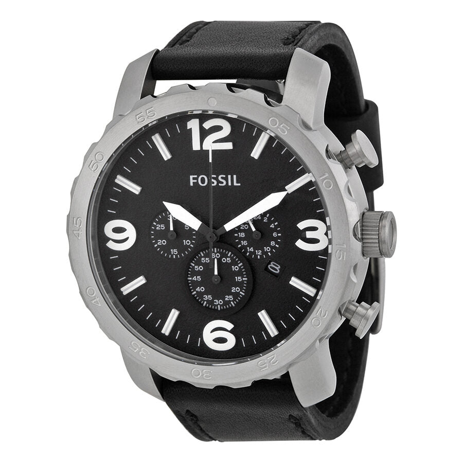 Fossil Nate Chronograph Black Dial Black Leather Strap Watch for Men - JR1436