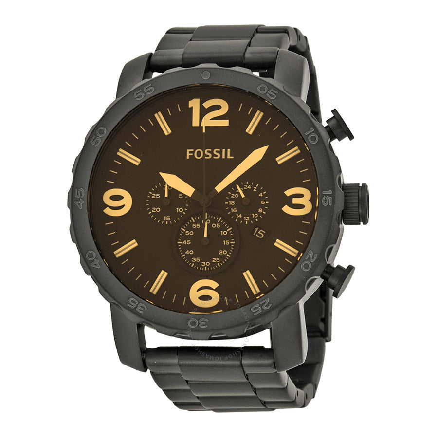 Fossil Nate Chrongraph Black Ion Plated Black Dial Black Steel Strap Watch for Men - JR1356