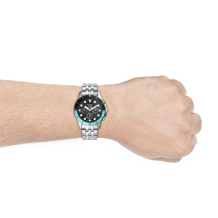 Fossil FS5827 FB-01 Chronograph Men’s Watch – Black Dial with Silver Steel Strap
