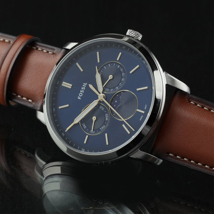 Fossil FS5903 Neutra Minimalist Moonphase Men’s Watch – Blue Dial with Brown Leather Strap