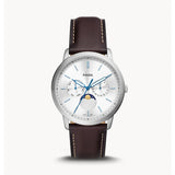 Fossil Neutra Minimalist Moonphase Silver Dial Brown Leather Strap Watch for Men - FS5905