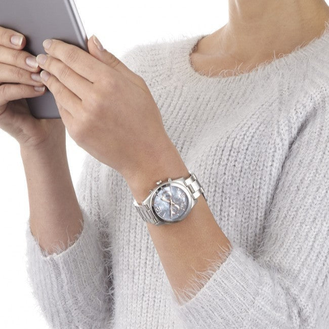 Fossil Perfect Boyfriend Mother of Pearl Blue Dial Silver Steel Strap Watch for Women - ES3880