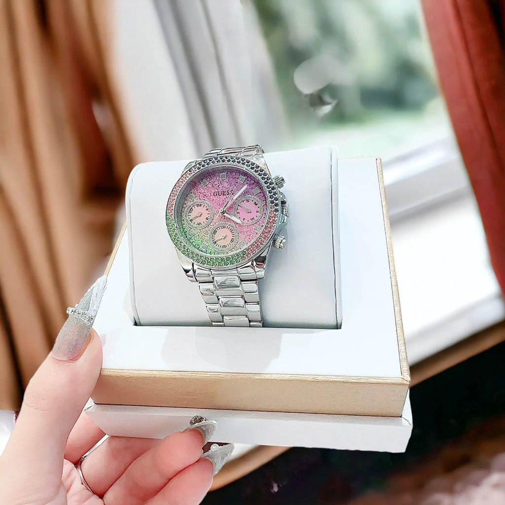 Guess GW0483L1 Sol Chronograph Women's Watch – Multicolor Crystal Dial & Silver Steel Bracelet
