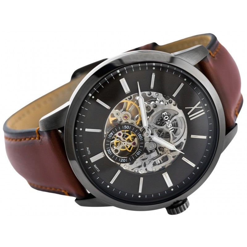 Fossil Townsman Automatic Skeleton Black Dial Brown Leather Strap Watch for Men - ME3181