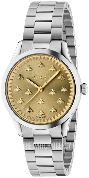 Gucci G Timeless Quartz Gold Dial Silver Steel Strap Watch for Women - YA1265035