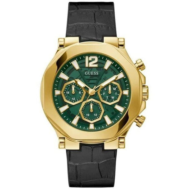 Guess Edge Chronograph Green Dial Black Leather Strap Watch For Men - GW0492G3