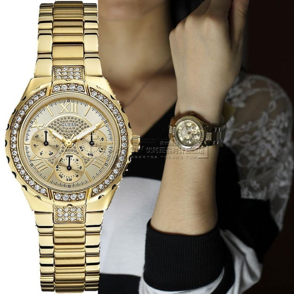 Guess Viva Diamonds Gold Dial Gold Steel Strap Watch for Women - W0111L2