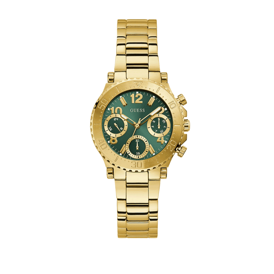 Guess Cosmo Chronograph Green Dial Gold Steel Strap Watch For Women - GW0465L5