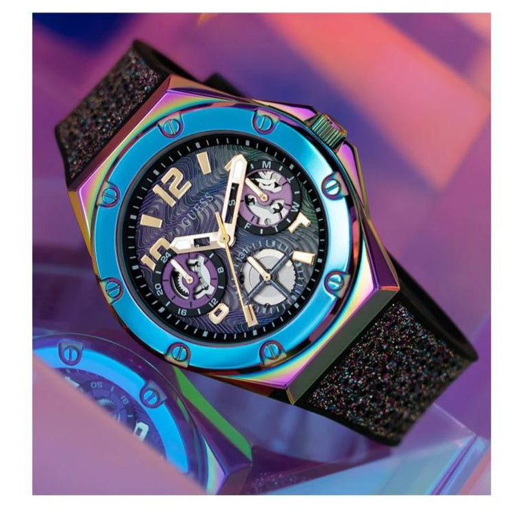 Guess Multifunction Analog Purple Dial Black Rubber Strap Watch For Women - GW0620L4