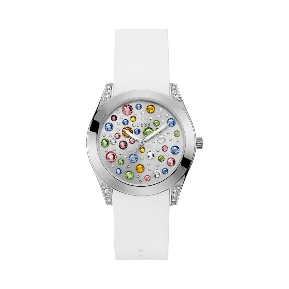 Guess Wanderlust Crystals Silver Dial White Rubber Strap Watch For Women - W1059L3