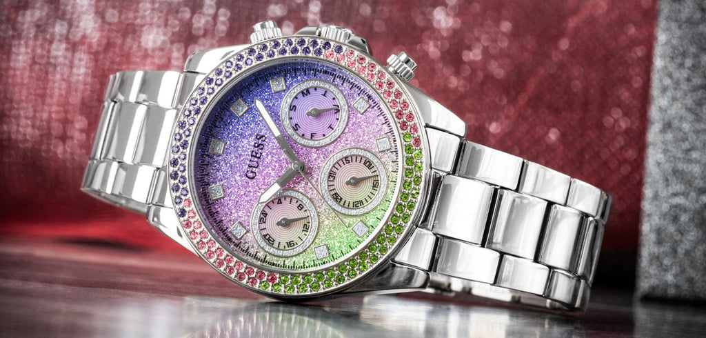 Guess GW0483L1 Sol Chronograph Women's Watch – Multicolor Crystal Dial & Silver Steel Bracelet