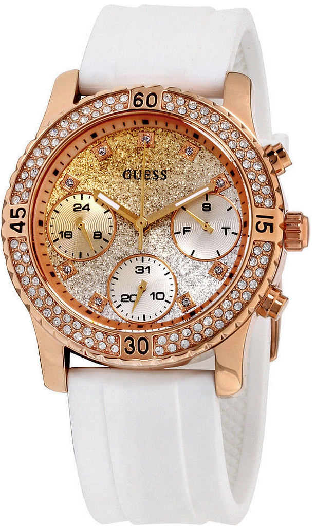 Guess Confetti Crystal Rose Gold Dial White Silicone Strap Watch For Women - W1098L5