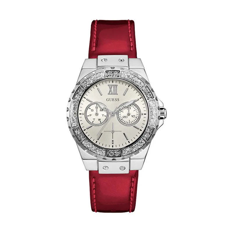 Guess Limelight Quartz Diamonds White Dial Red Leather Strap Watch For Women - W0775L11