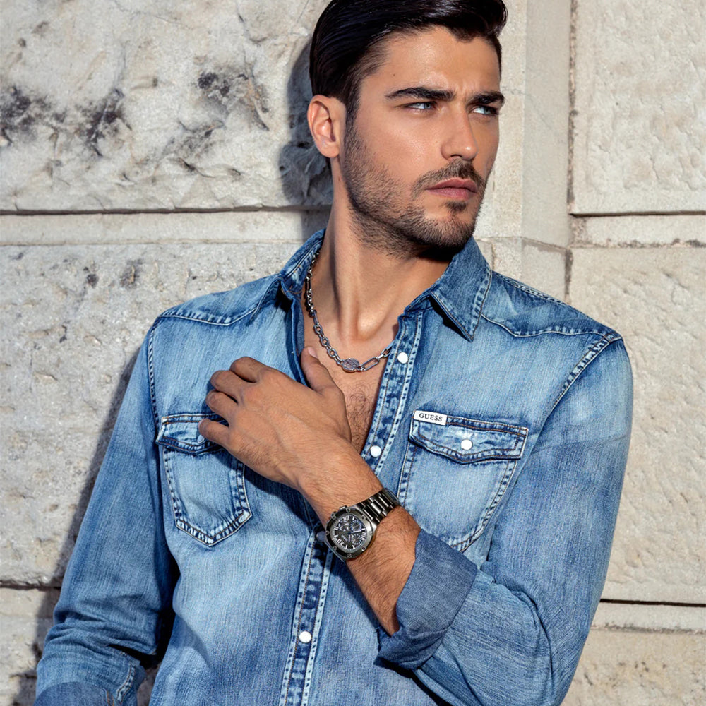 Guess Headliner Quartz Black Dial Grey Steel Strap Watch For Men - GW0572G5