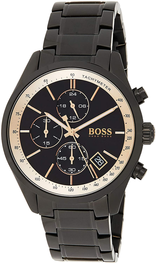 Hugo Boss Grand Prix Black Dial Black Steel Strap Watch for Men - 1513578