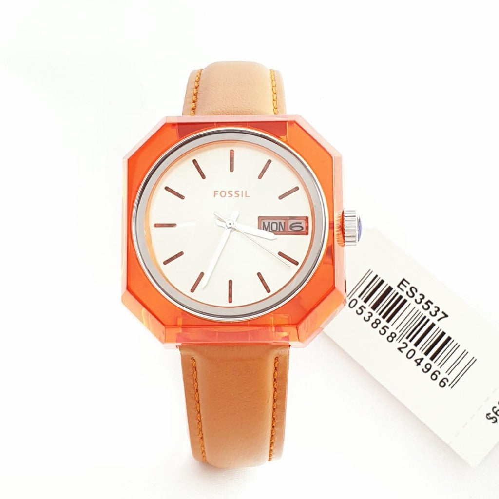 Fossil Candy White Dial Brown Leather Strap Watch for Women - ES3537