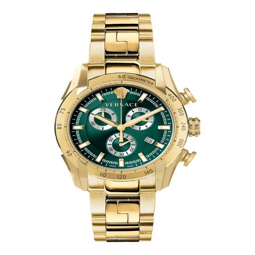Versace V-Ray Chronograph Quartz Green Dial Gold Steel Strap Watch For Men - VE2I00621