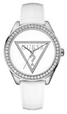 Guess W65006L1 Mini Triangle Quartz Women's Watch – Silver Dial with Diamond Accents & White Leather Strap