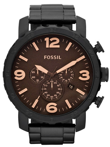 Fossil Nate Chrongraph Black Ion Plated Black Dial Black Steel Strap Watch for Men - JR1356