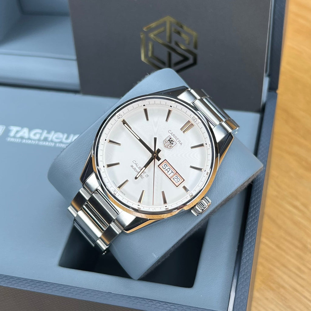 Tag Heuer Carrera Calibre 5 White Dial Silver Steel Strap Watch for Men - WAR201D.BA0723