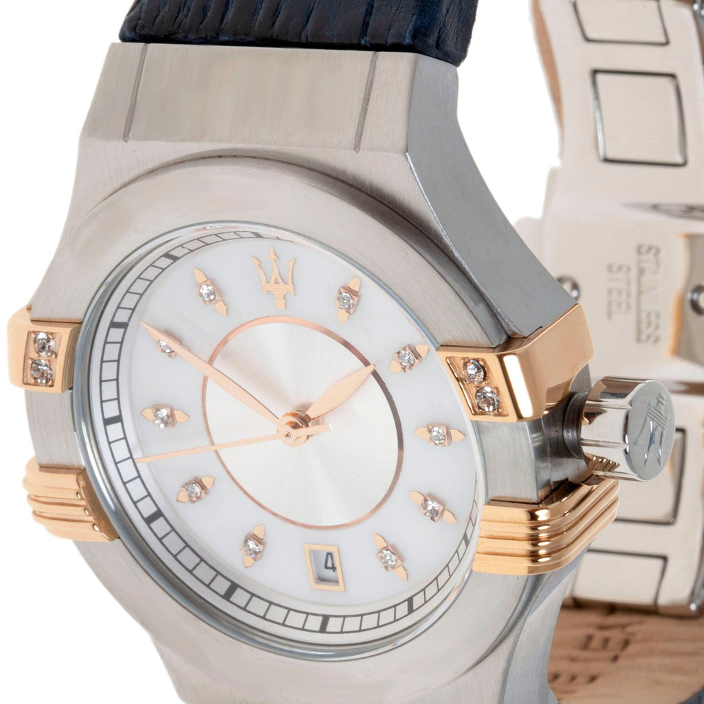 Maserati Potenza Diamonds Silver Dial Blue Leather Strap Watch For Women - R8851108502