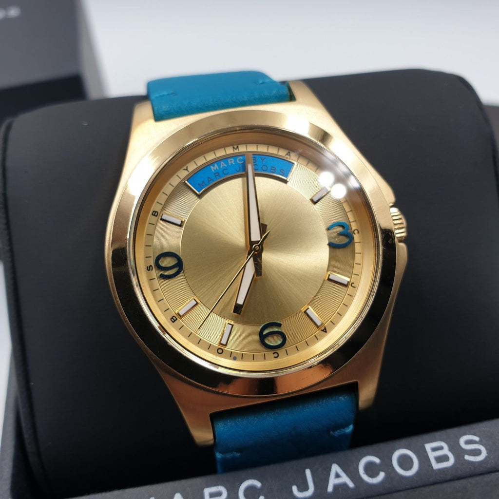 Marc Jacobs Baby Dave Gold Dial Blue Leather Strap Watch for Women - MBM1263