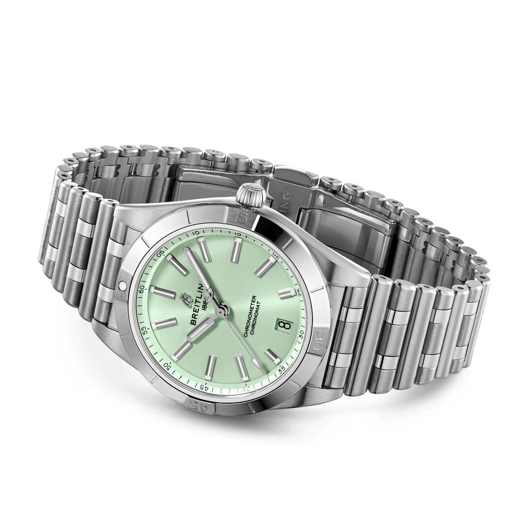 Breitling Chronomat Automatic 36 Green Dial Silver Steel Strap Watch for Women - A10380101L1A1