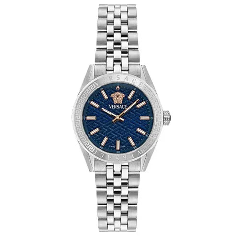Versace V-Code Analog Blue Dial Silver Steel Strap Watch for Women - VE8I00324