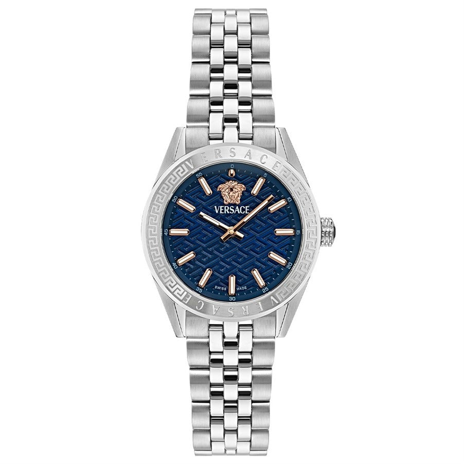 Versace V-Code Analog Blue Dial Silver Steel Strap Watch for Women - VE8I00324
