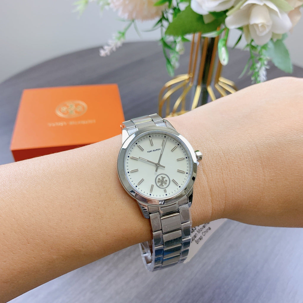 Tory Burch Collins White Dial Silver Steel Strap Watch for Women - TBW1301