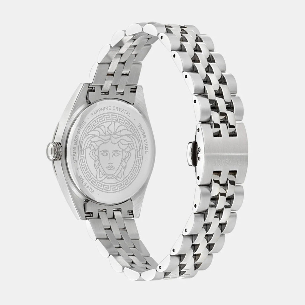 Versace V-Code Analog Blue Dial Silver Steel Strap Watch for Women - VE8I00324