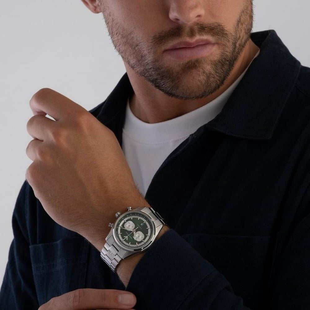 Emporio Armani Racer Chronograph Green Dial Silver Steel Strap Watch for Men - AR11637