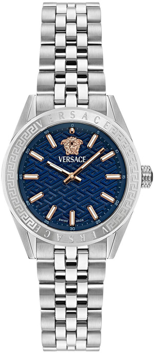 Versace V-Code Analog Blue Dial Silver Steel Strap Watch for Women - VE8I00324
