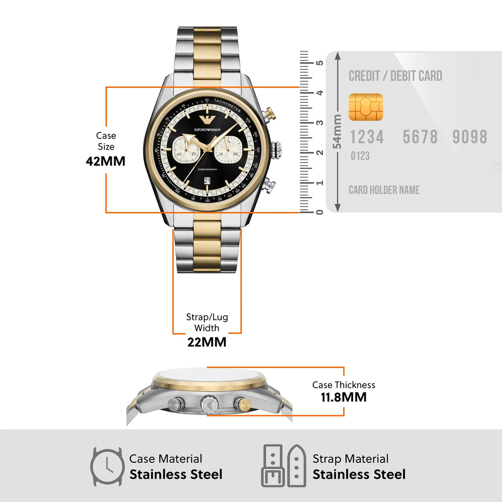 Emporio Armani Racer Chronograph Black Dial Two Tone Steel Strap Watch for Men - AR11678