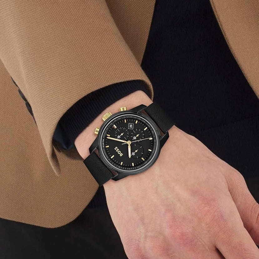 Hugo Boss 1514003 Trace Chronograph Men's Watch – Black Dial & Black Leather Strap