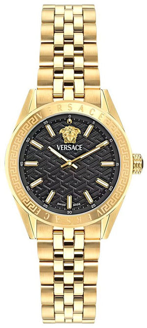 Versace V-Code Quartz Black Dial Gold Steel Strap Watch for Women - VE8I00724