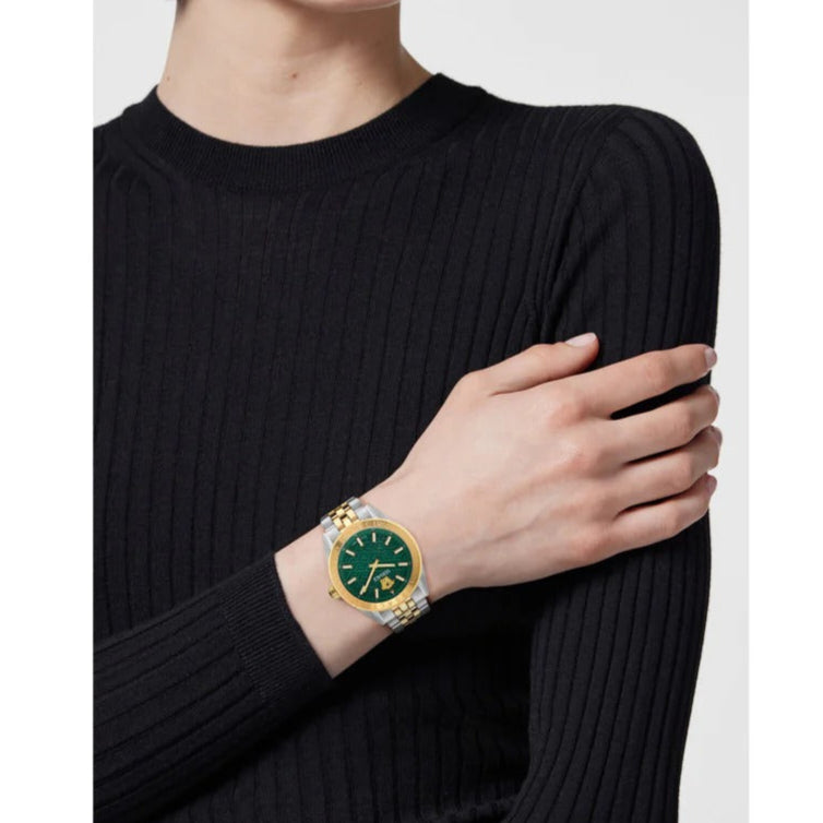 Versace V-Code Analog Green Dial Two Tone Steel Strap Watch for Women - VE8I00424