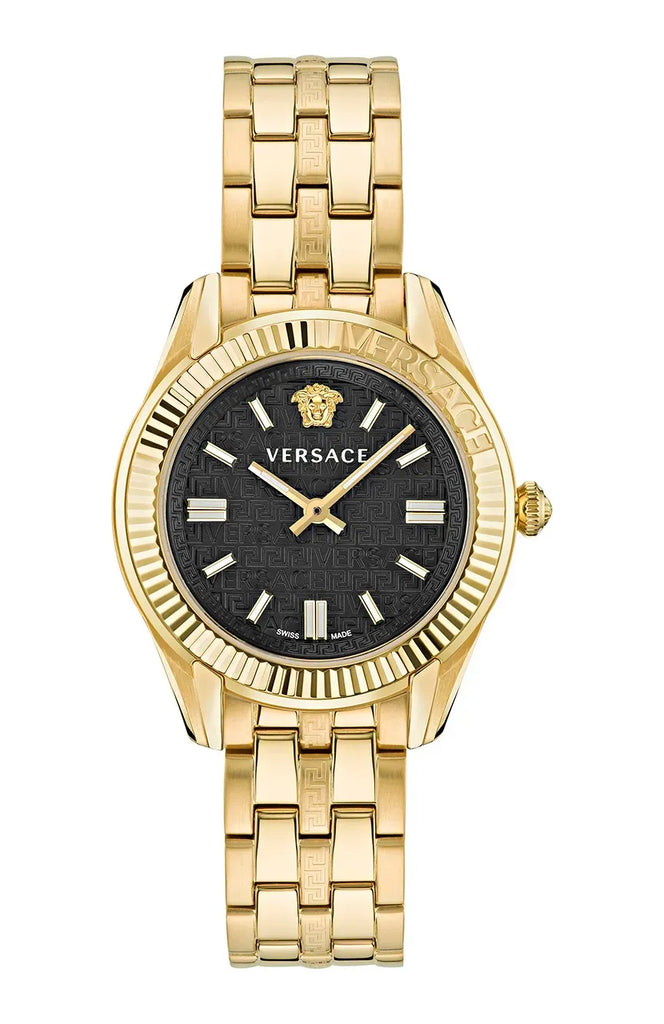 Versace V-Code Quartz Black Dial Gold Steel Strap Watch for Women - VE8I00724