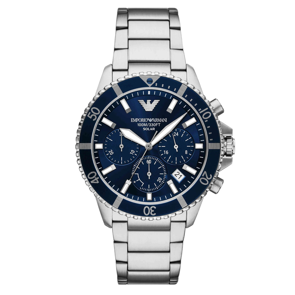 Emporio Armani World Explorer Chronograph Blue Dial Silver Steel Strap Watch for Men - AR11681