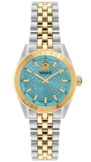 Versace V-Code Analog Turquoise Dial Two Tone Steel Strap Watch for Women - VE8I00524