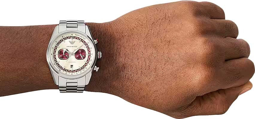Emporio Armani Racer Chronograph White Dial Silver Steel Strap Watch for Men - AR11645