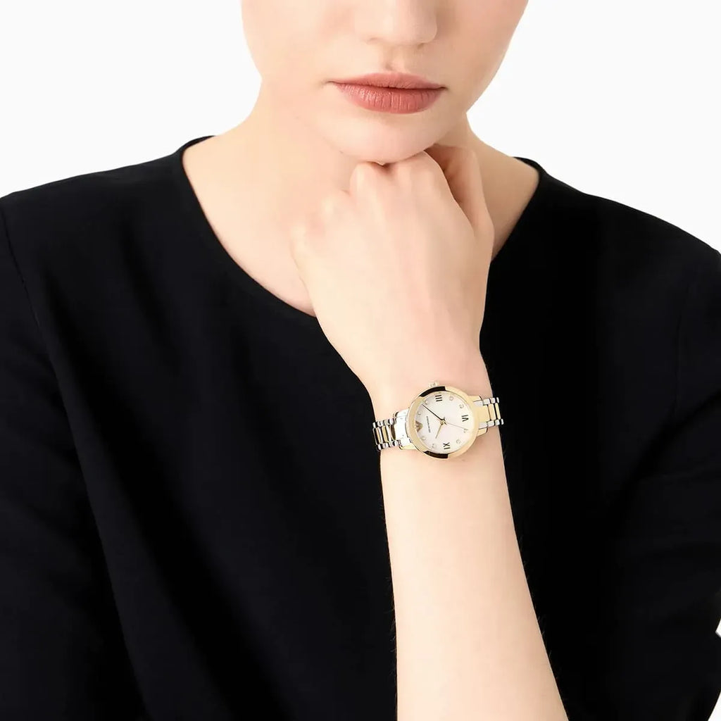 Emporio Armani Cleo Three Hand Mother of Pearl Dial Two Tone Steel Strap Watch for Women - AR11513