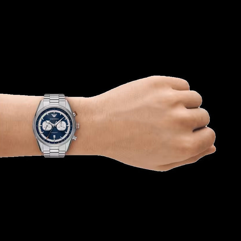 Emporio Armani Racer Chronograph Blue Dial Silver Steel Strap Watch for Men - AR11676