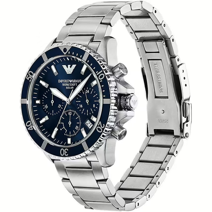 Emporio Armani World Explorer Chronograph Blue Dial Silver Steel Strap Watch for Men - AR11681