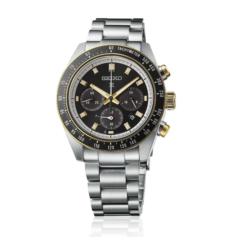 Seiko Prospex Speedtimer Solar Chronograph Black Dial Silver Steel Strap Watch for Men - SSC941