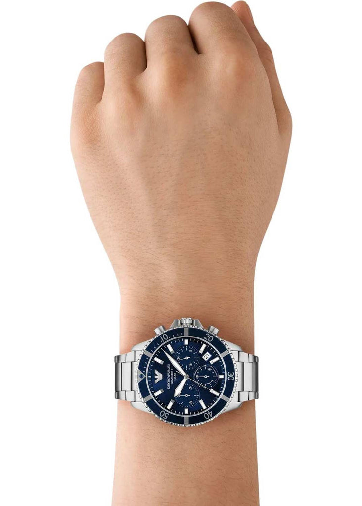 Emporio Armani World Explorer Chronograph Blue Dial Silver Steel Strap Watch for Men - AR11681